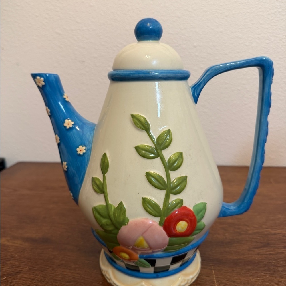 Mary Engelbreit Floral Teapot Enesco 2003 Blue Checkerboard